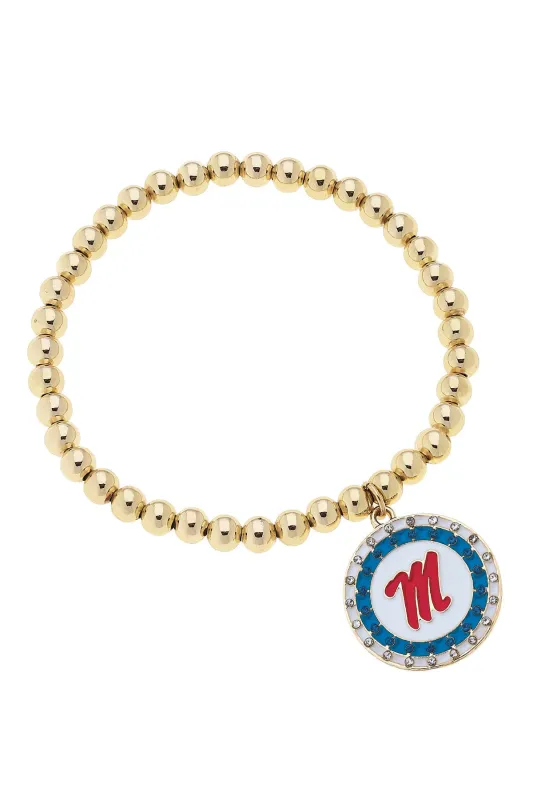 Ole Miss Rebels Pave Disc Ball Bead Stretch Bracelet in Shiny Gold sold by Canvas Style