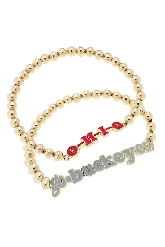 Ohio State Buckeyes Slogan Ball Bead Bracelet Set of 2 in Red/White/Shiny Gold sold by Canvas Style