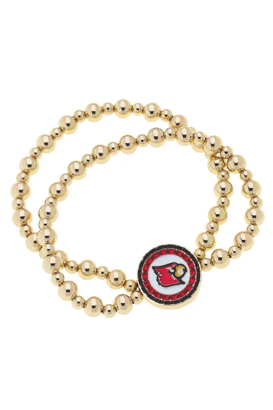 Louisville Cardinals Pave Disc 2-Row Ball Bead Stretch Bracelet in Shiny Gold sold by Canvas Style