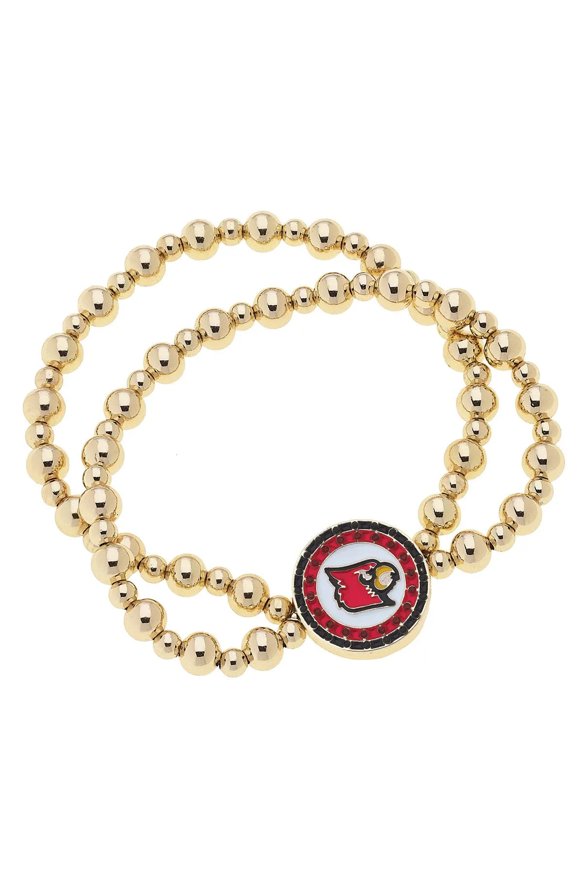 Louisville Cardinals Pave Disc 2-Row Ball Bead Stretch Bracelet in Shiny Gold sold by Canvas Style