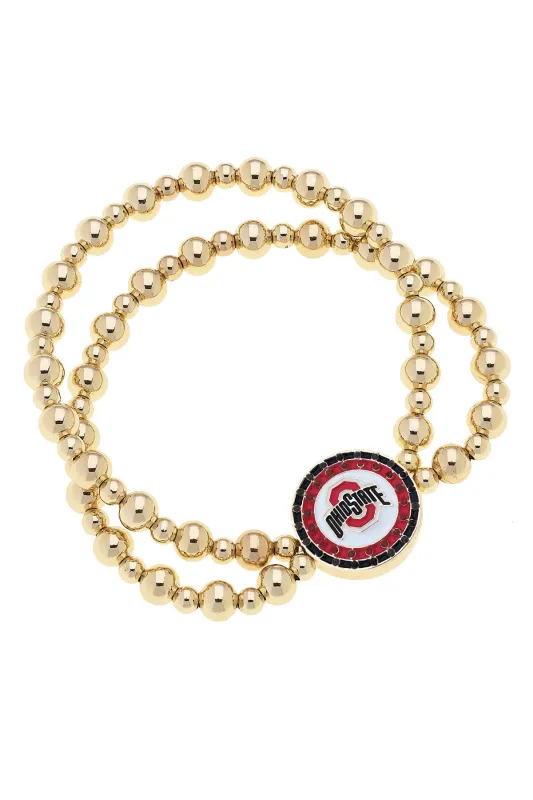 Ohio State Buckeyes Pave Disc 2-Row Ball Bead Stretch Bracelet in Shiny Gold sold by Canvas Style