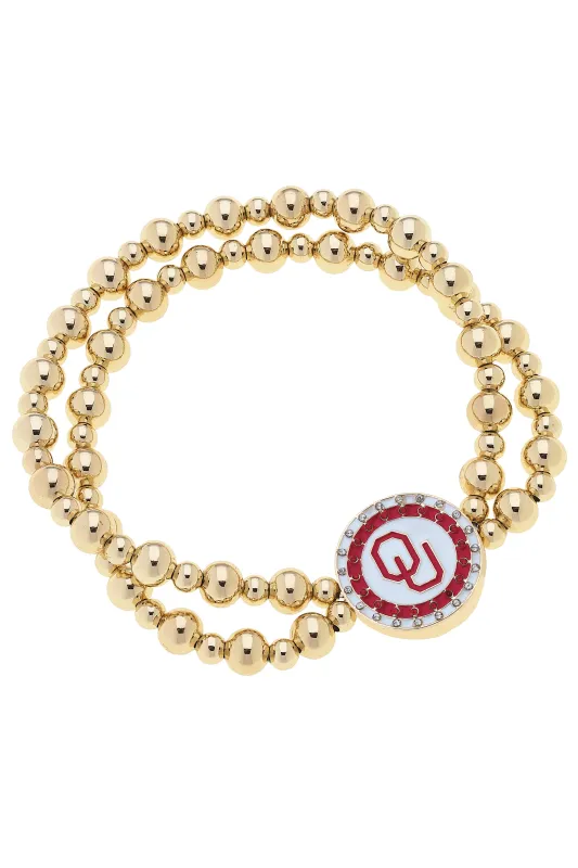 Oklahoma Sooners Pave Disc 2-Row Ball Bead Stretch Bracelet in Shiny Gold sold by Canvas Style