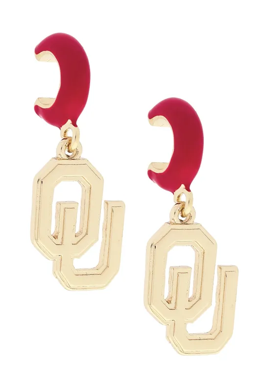 Oklahoma Sooners Logo Huggie Hoop Earrings in Crimson/Shiny Gold sold by Canvas Style