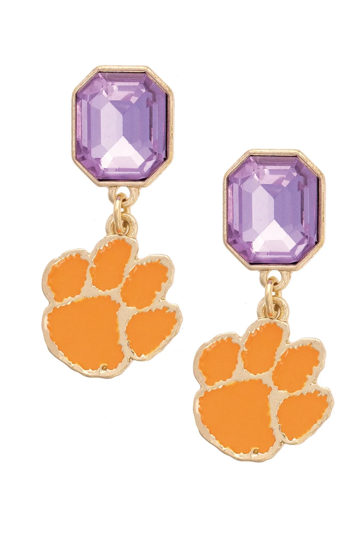 Clemson Tigers Rhinestone Enamel Logo Earrings in Shiny Gold sold by Canvas Style