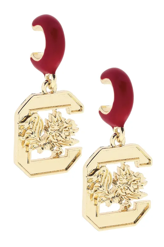 South Carolina Gamecocks Logo Huggie Hoop Earrings in Garnet/Shiny Gold sold by Canvas Style