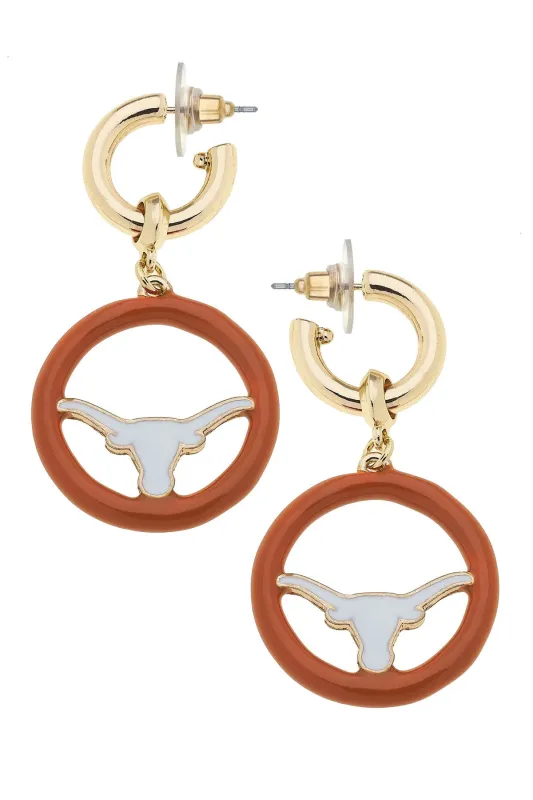 Texas Longhorns Logo Medallion Drop Hoop Earrings in Shiny Gold sold by Canvas Style
