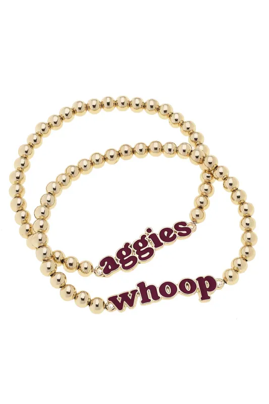Texas A&M Aggies Slogan Ball Bead Bracelet Set of 2 in Maroon/Shiny Gold sold by Canvas Style