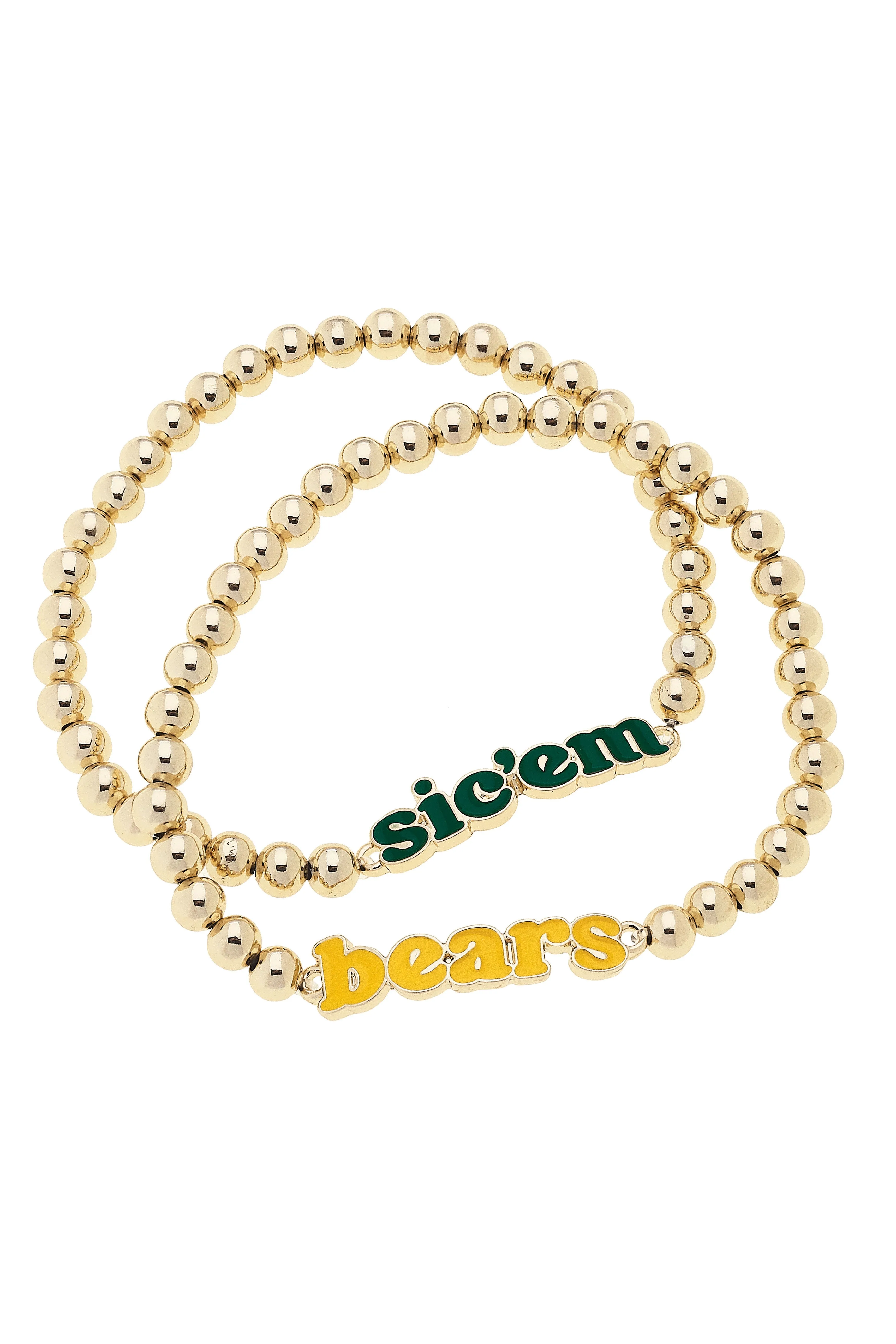 Baylor Bears Slogan Ball Bead Bracelet Set of 2 in Green/Gold/Shiny Gold sold by Canvas Style
