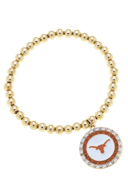 Texas Longhorns Pave Disc Ball Bead Stretch Bracelet in Shiny Gold sold by Canvas Style