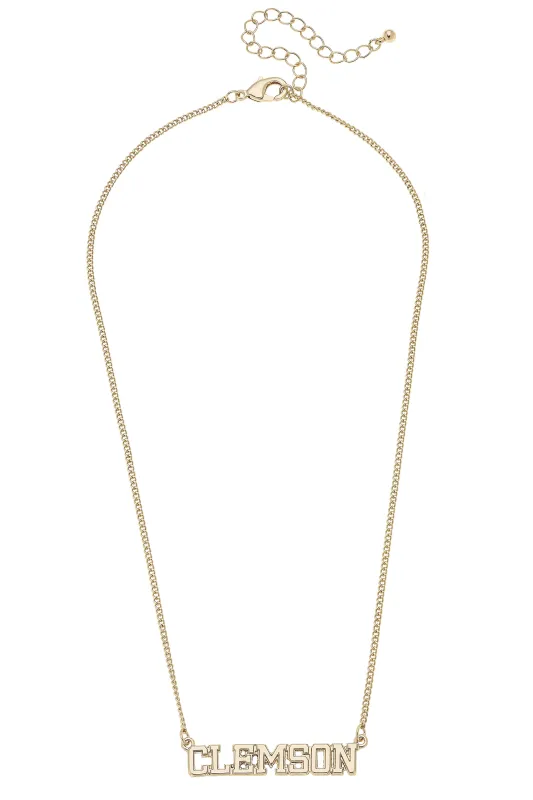 Clemson Tigers Varsity Outline Necklace in Shiny Gold sold by Canvas Style