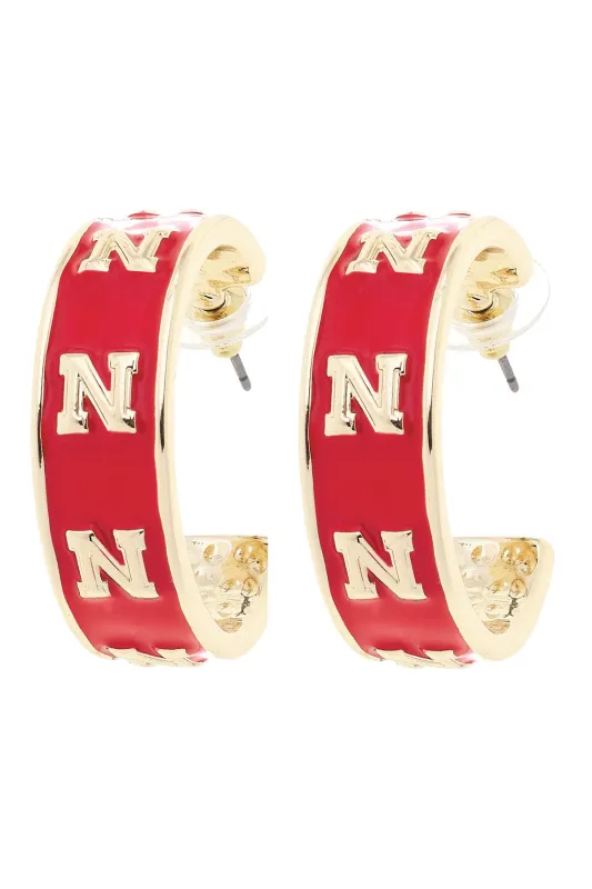 Nebraska Huskers Enamel Logo Hoop Earrings in Red/Shiny Gold sold by Canvas Style