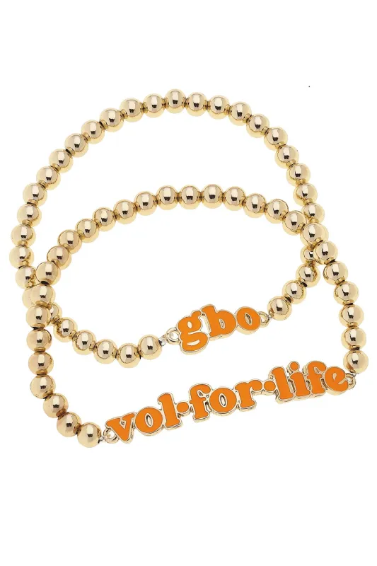 Tennessee Vols Slogan Ball Bead Bracelet Set of 2 in Orange/Shiny Gold sold by Canvas Style