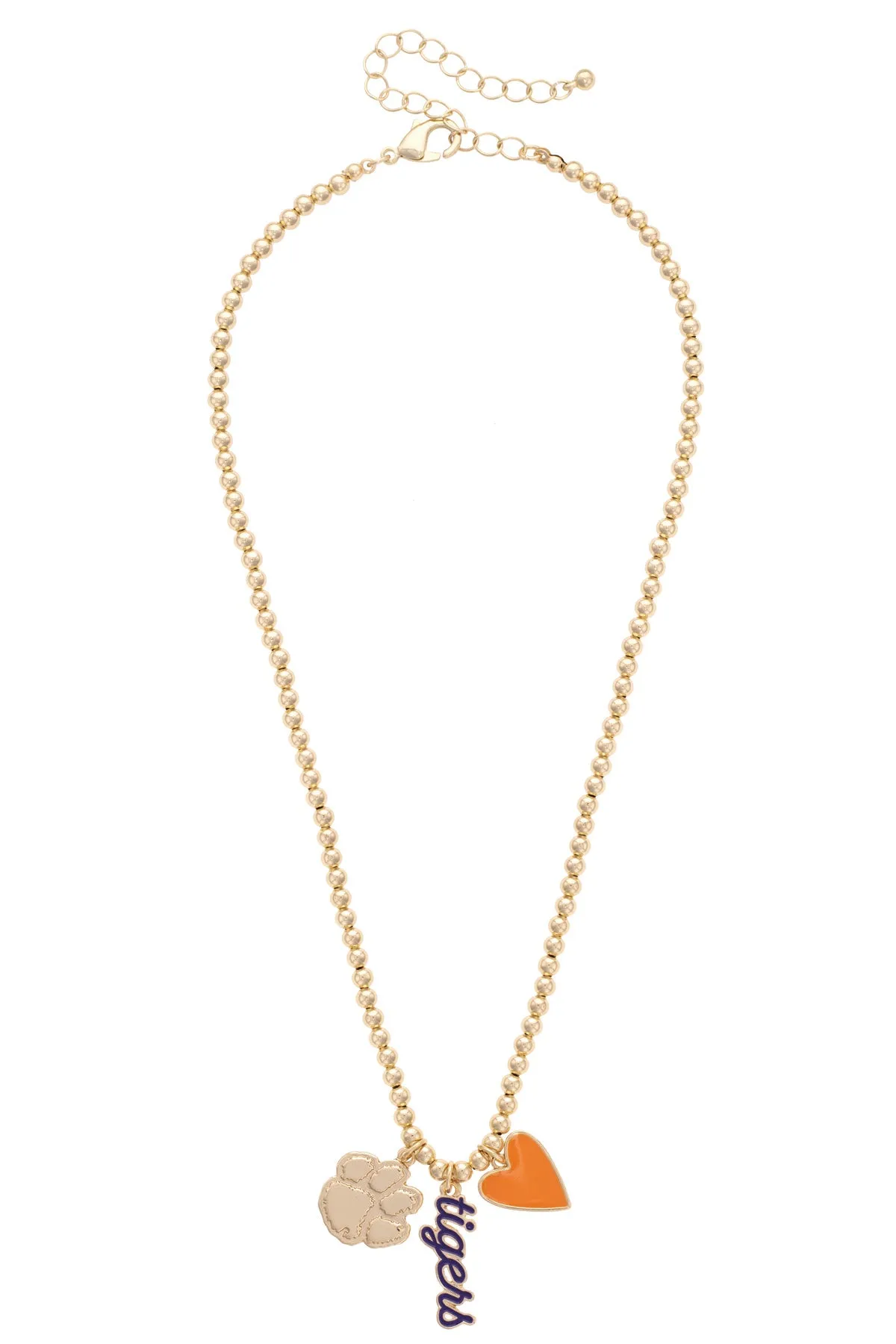 Clemson Tigers Ball Bead Charm Necklace in Shiny Gold sold by Canvas Style