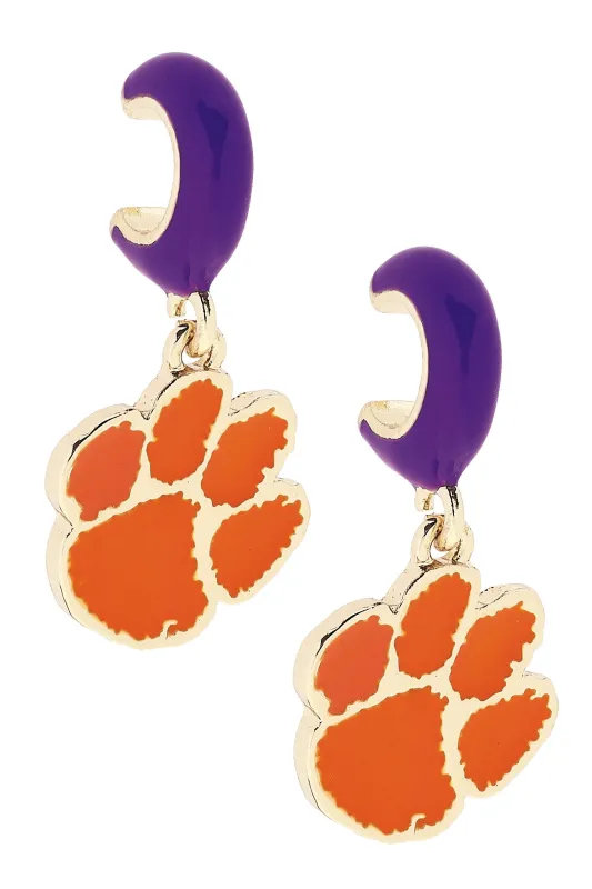 Clemson Tigers Enamel Logo Huggie Hoop Earrings in Purple sold by Canvas Style