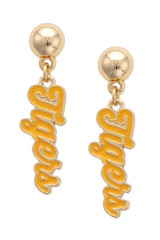 Missouri Tigers Enamel Script Earring in Shiny Gold sold by Canvas Style