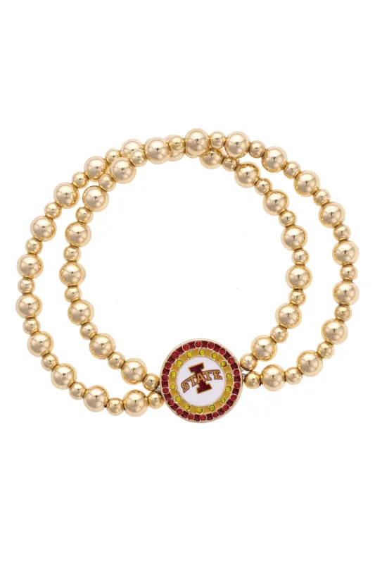 Iowa State Cyclones Pave Disc 2-Row Ball Bead Stretch Bracelet in Shiny Gold sold by Canvas Style