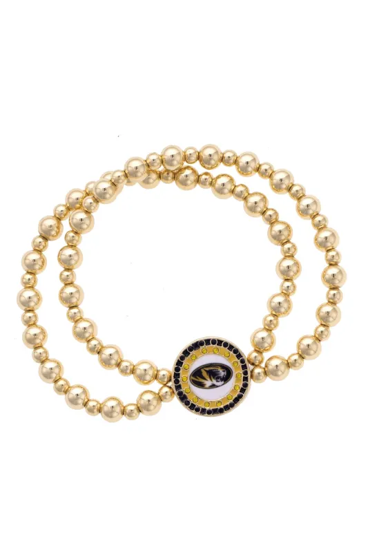 Missouri Tigers Pave Disc 2-Row Ball Bead Stretch Bracelet in Shiny Gold sold by Canvas Style