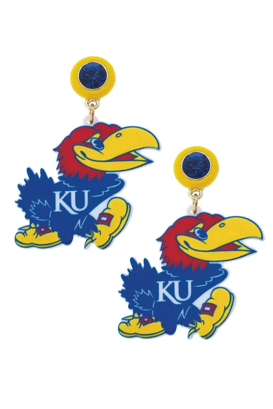 Kansas Big Jay Resin Mascot Earrings in Yellow/Red/Blue sold by Canvas Style