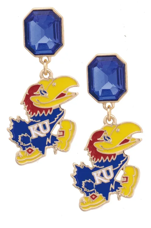 Kansas Jayhawks Rhinestone Enamel Logo Earrings in Shiny Gold sold by Canvas Style