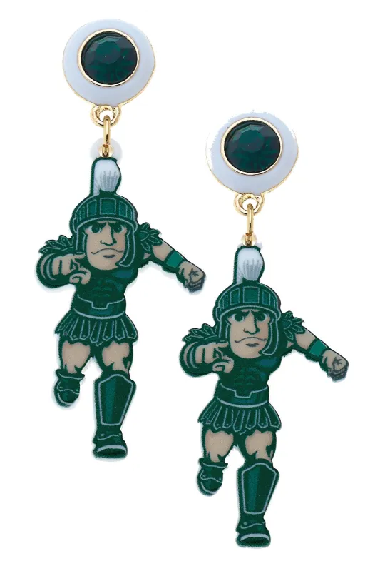 Michigan State Sparty Spartan Resin Mascot Earrings in Green/White sold by Canvas Style