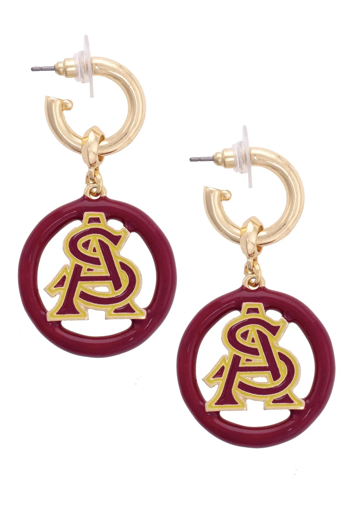 Arizona State Sun Devils Logo Medallion Drop Hoop Earrings in Shiny Gold sold by Canvas Style