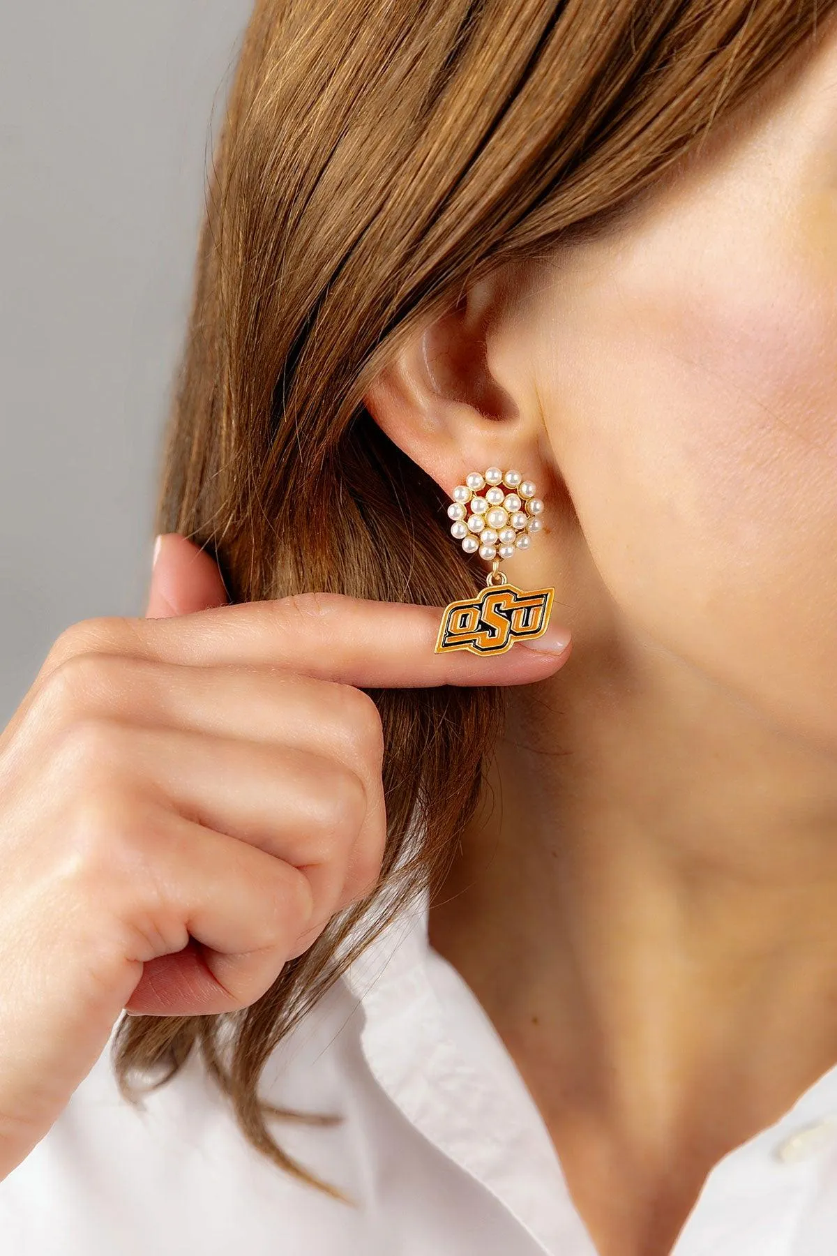 Oklahoma State Cowboys Pearl Cluster Enamel Drop Earrings - FINAL SALE sold by Canvas Style product image thumbnail 2