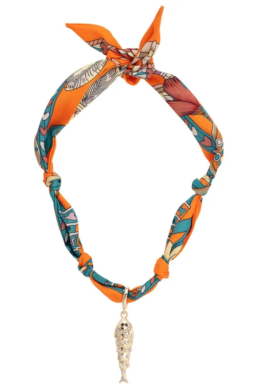Colette Pave Sardine Scarf Necklace in Orange & Teal made by Canvas Style