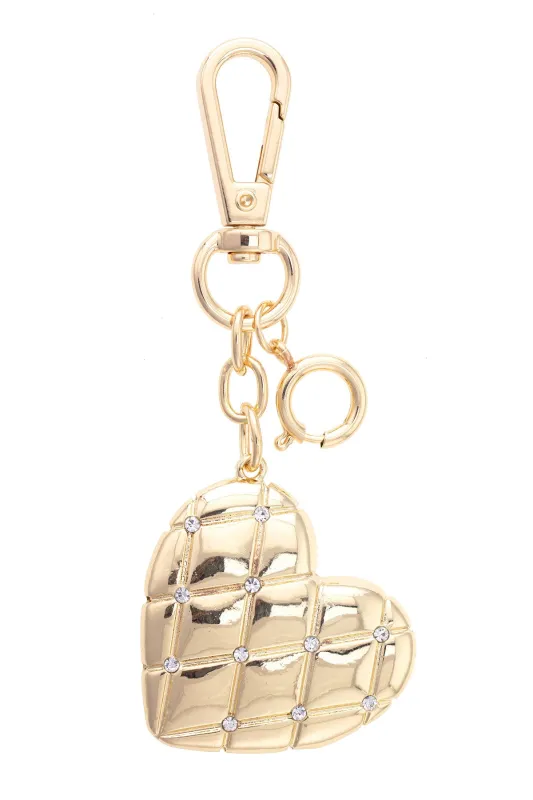 Rhinestone Quilted Heart Bag Charm in Shiny Gold sold by Canvas Style