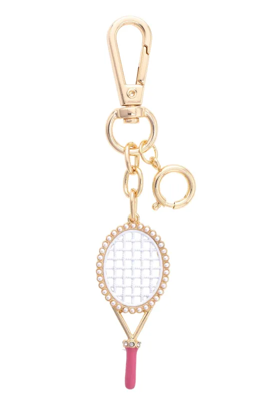 Pearl Studded Tennis Racket Bag Charm in Pink sold by Canvas Style