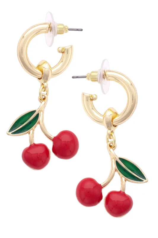 Cherries Charm Drop Hoop Earrings in Shiny Gold sold by Canvas Style