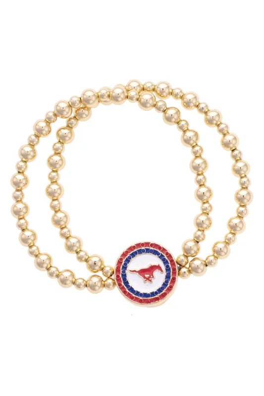 SMU Mustangs Pave Disc 2-Row Ball Bead Stretch Bracelet in Shiny Gold sold by Canvas Style