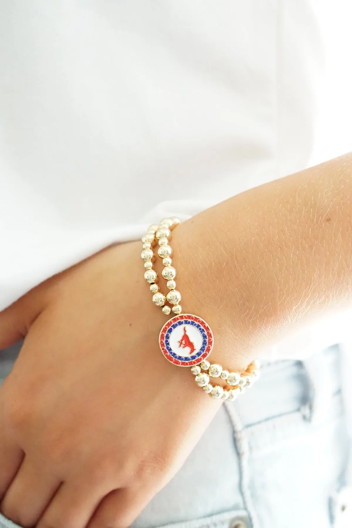 SMU Mustangs Pave Disc 2-Row Ball Bead Stretch Bracelet in Shiny Gold sold by Canvas Style product image thumbnail 2