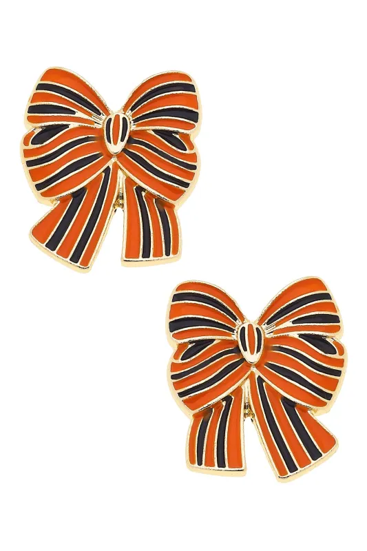 Halloween Striped Bow Stud Earrings in Orange & Black sold by Canvas Style