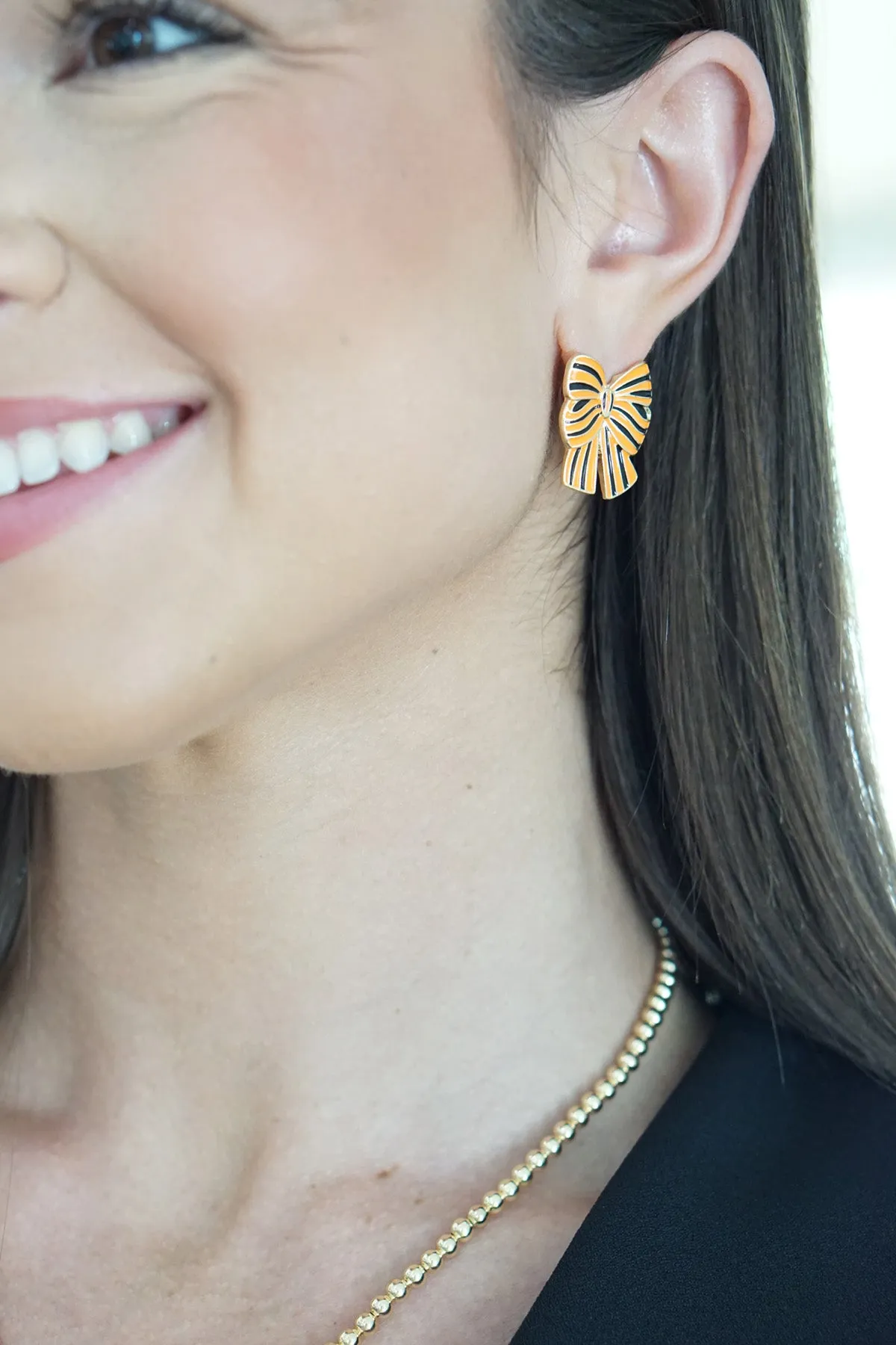 Halloween Striped Bow Stud Earrings in Orange & Black sold by Canvas Style product image thumbnail 2