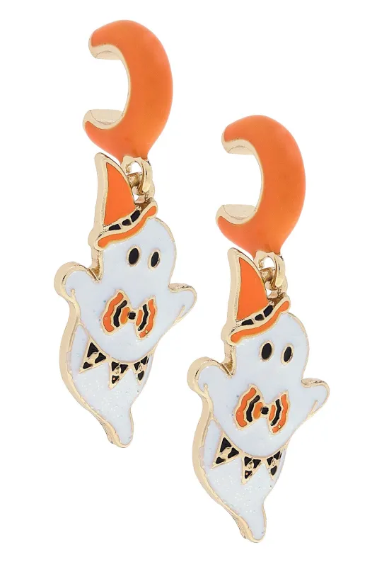 Halloween Ghost Enamel Huggie Hoop Earrings in Orange & White sold by Canvas Style