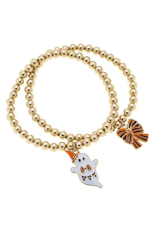 Halloween Ghost & Striped Bow Stretch Bracelet Set of 2 in Shiny Gold sold by Canvas Style