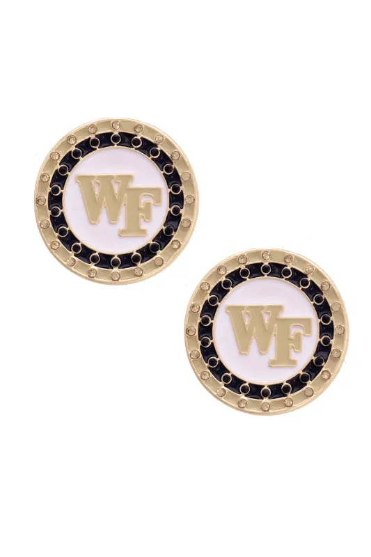 Wake Forest Demon Deacons Pave Disc Stud Earrings in Black/White/Gold sold by Canvas Style