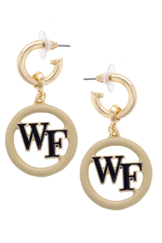Wake Forest Demon Deacons Logo Medallion Drop Hoop Earrings in Shiny Gold sold by Canvas Style