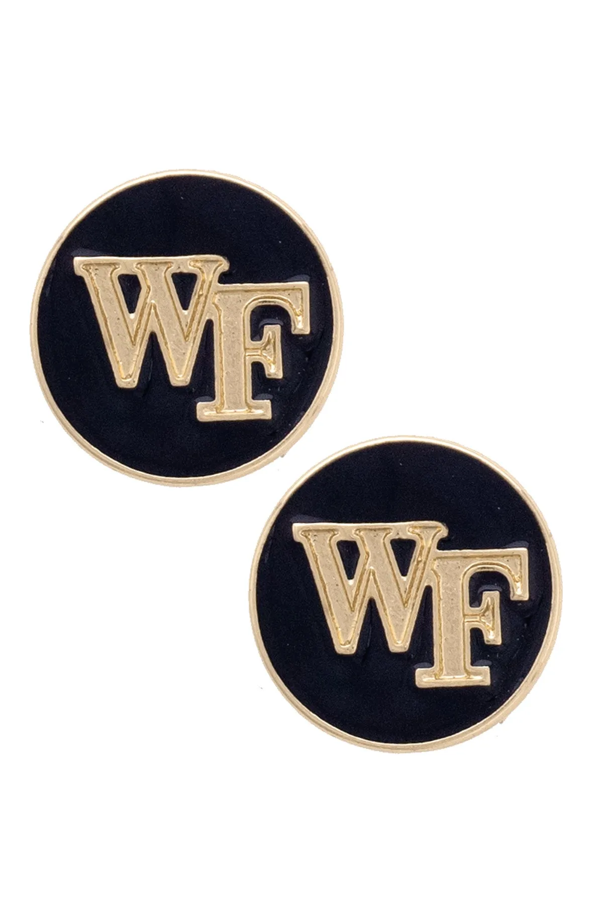 Wake Forest Demon Deacons Logo Circle Stud Earrings in Black/Shiny Gold sold by Canvas Style