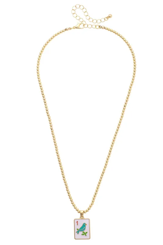 Sparrow Mahjong Tile Ball Bead Necklace in White sold by Canvas Style