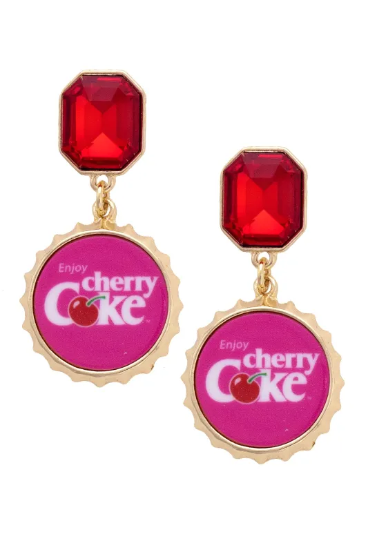 Cherry Coke Rhinestone Enamel Bottle Cap Earrings in Pink/Red/Shiny Gold sold by Canvas Style