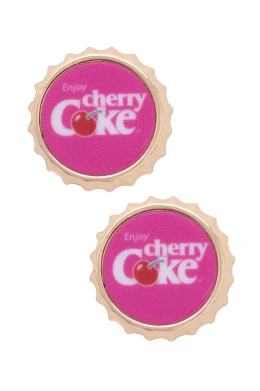 Cherry Coke Bottle Cap Stud Earrings in Pink/Red/Shiny Gold sold by Canvas Style