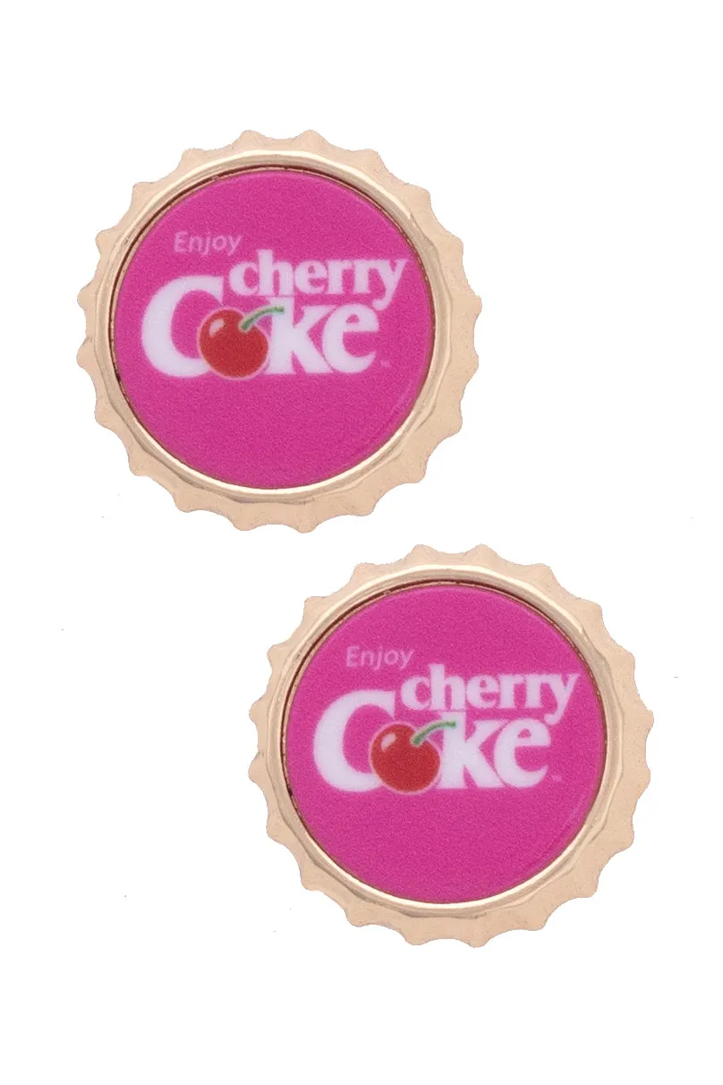 Cherry Coke Bottle Cap Stud Earrings in Pink/Red/Shiny Gold sold by Canvas Style