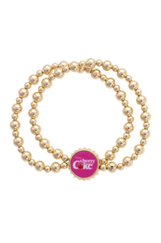 Cherry Coke Bottle Cap 2-Row Ball Bead Stretch Bracelet in Shiny Gold made by Canvas Style