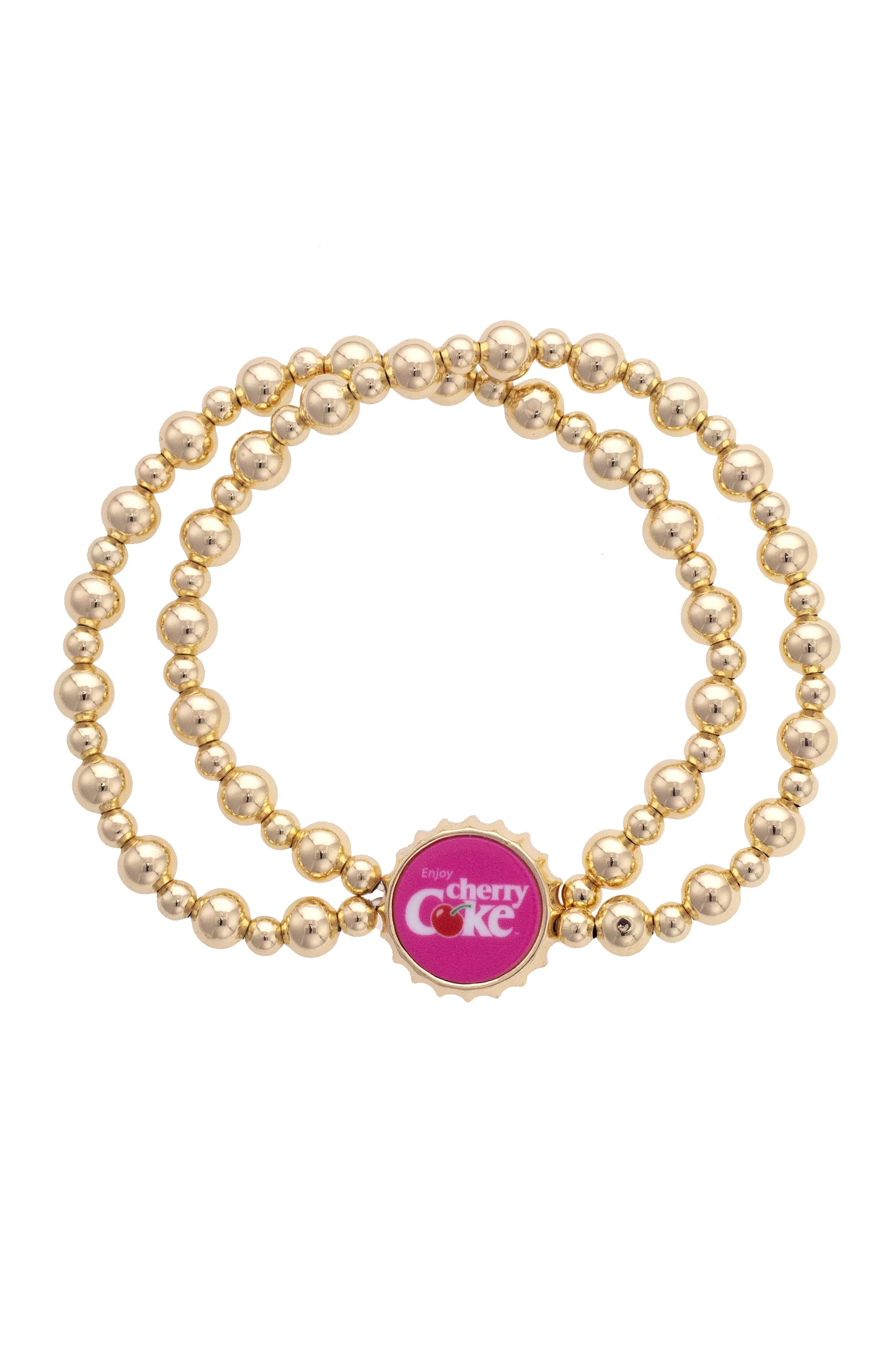Cherry Coke Bottle Cap 2-Row Ball Bead Stretch Bracelet in Shiny Gold sold by Canvas Style