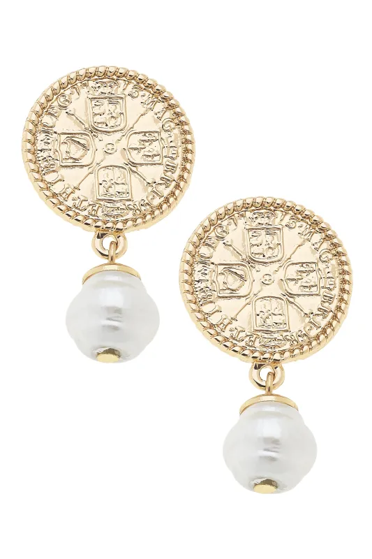 Contessa Coin Pearl Drop Earrings in Shiny Gold sold by Canvas Style