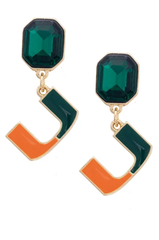 Miami Hurricanes Rhinestone Enamel Logo Earrings in Shiny Gold sold by Canvas Style
