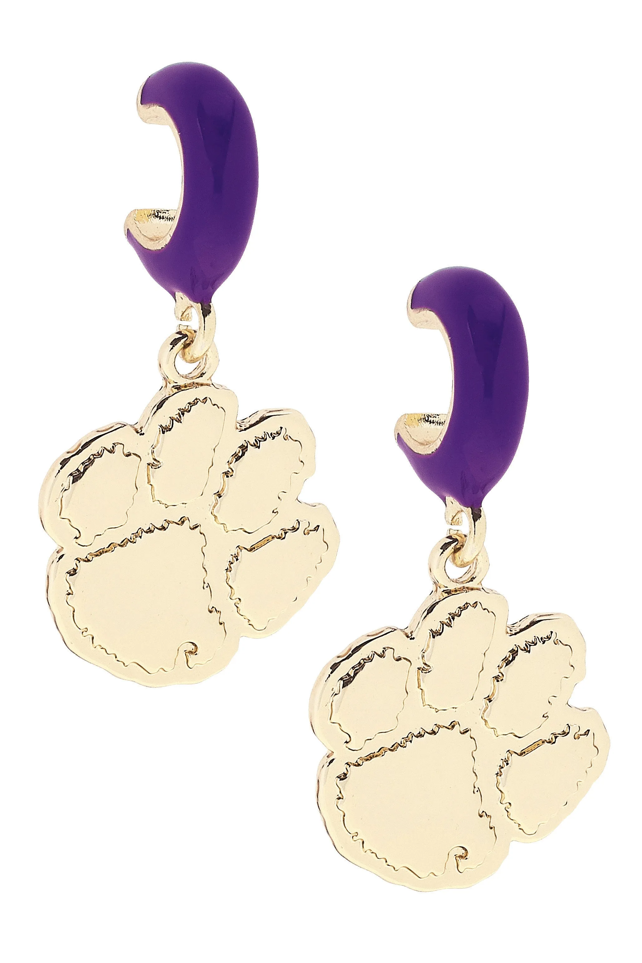 Clemson Tigers Logo Huggie Hoop Earrings in Purple/Shiny Gold sold by Canvas Style