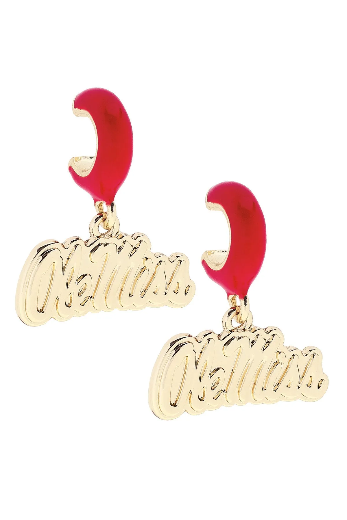 Ole Miss Rebels Logo Huggie Hoop Earrings in Red/Shiny Gold sold by Canvas Style