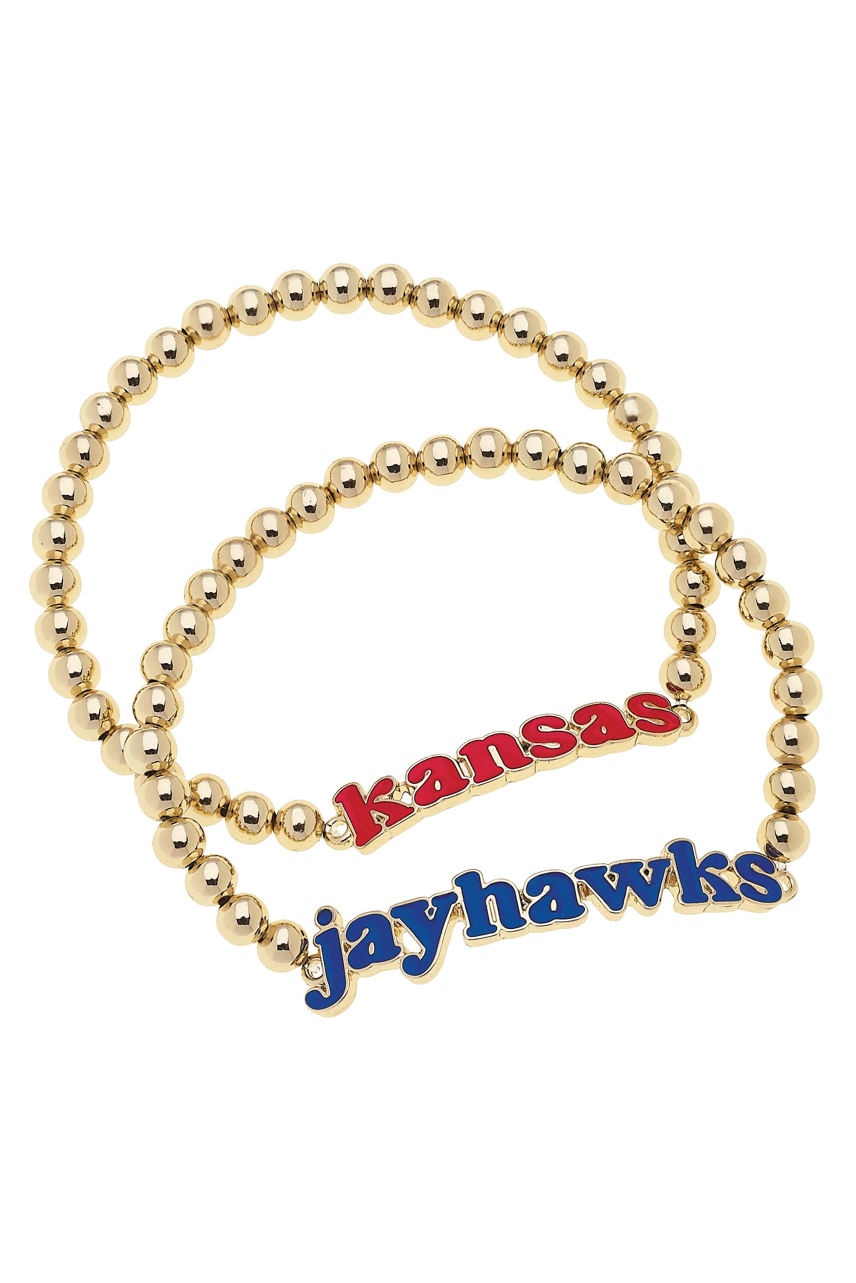 Kansas Jayhawks Slogan Ball Bead Bracelet Set of 2 in Red/Blue/Shiny Gold sold by Canvas Style